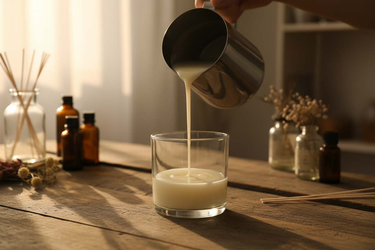 Hand pouring soy wax into a glass candle jar on a wooden table with warm, cozy lighting